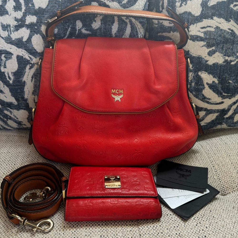 Authentic MCM Red-orange Soft Leather Crossbody Bag with trifold wallet